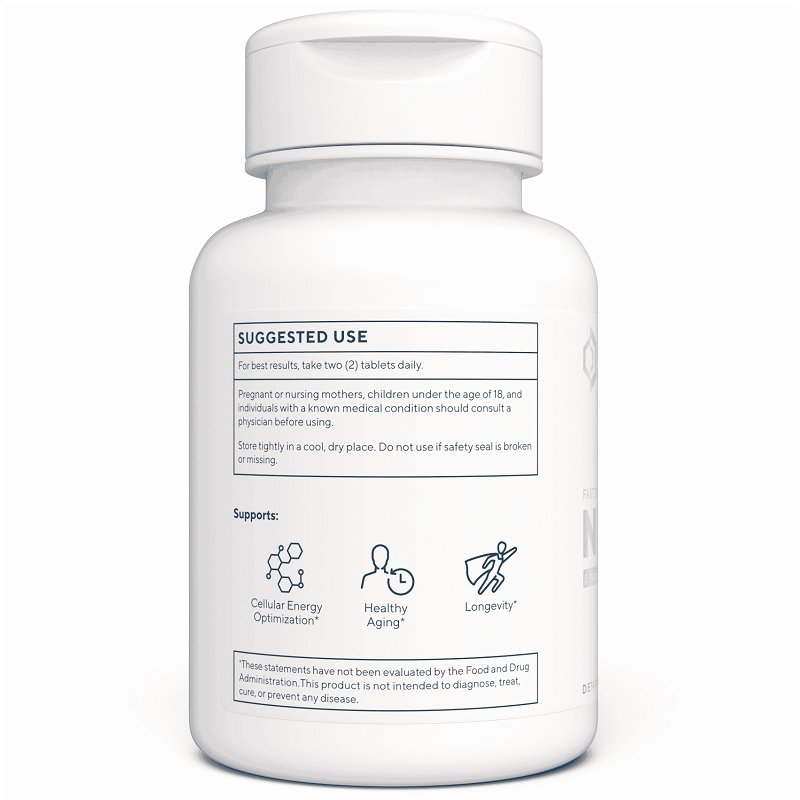 RENUE BY SCIENCE NMNs bottle back with suggested use panel and support icons