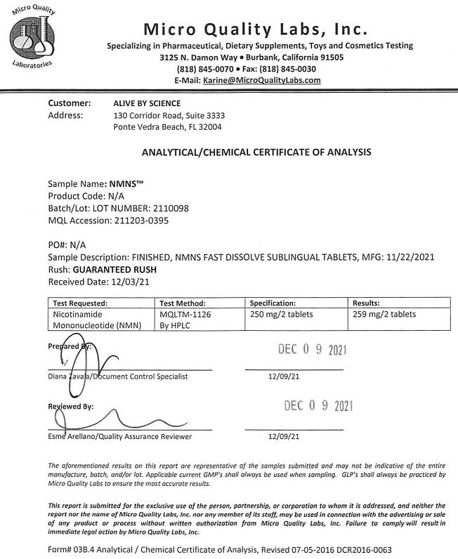 Analytical certificate of analysis for NMNs Fast Dissolve, with test results table
