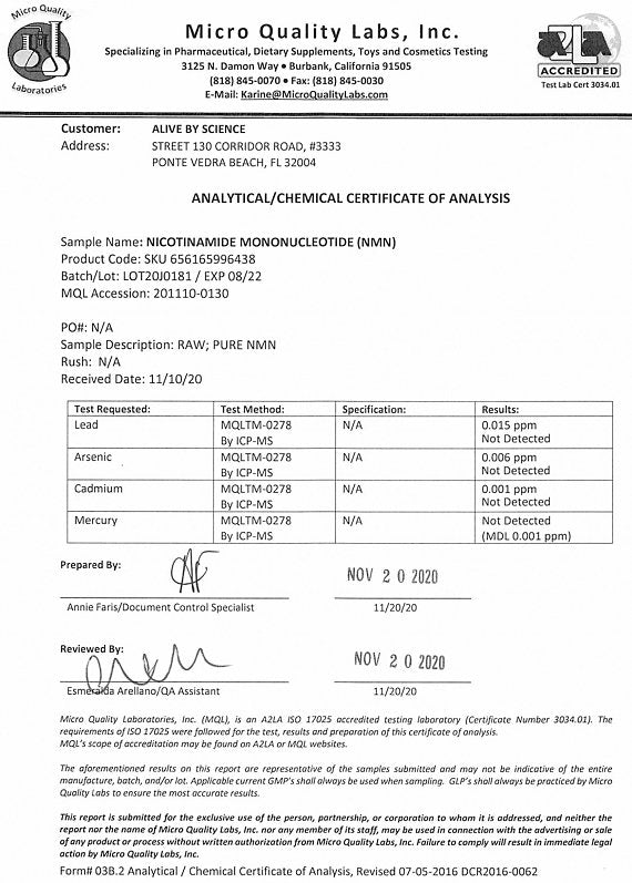 Certificate of analysis document for NMN, prepared by Micro Quality Labs