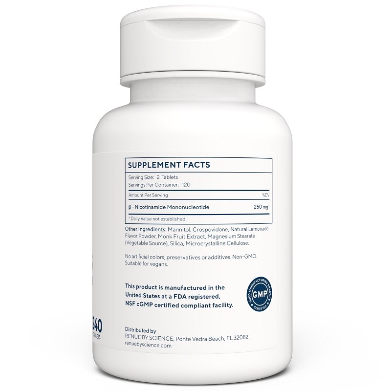 RENUE BY SCIENCE NMNs bottle back, Supplement Facts panel and GMP seal