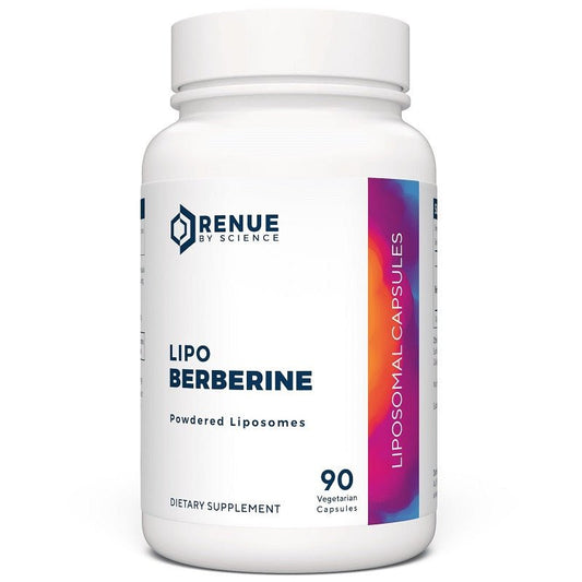 RENUE Lipo Berberine dietary supplement bottle, white with blue and purple label