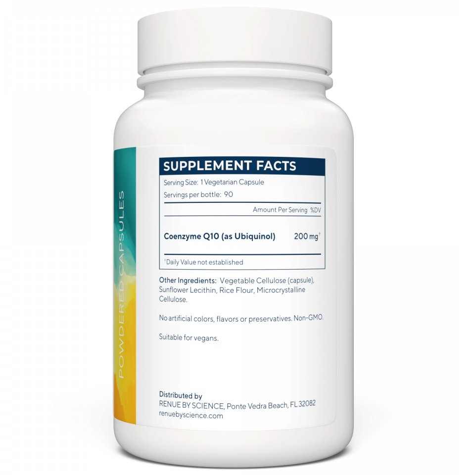 RENUE Lipo CoQ10 supplement bottle, white back label with Supplement Facts panel