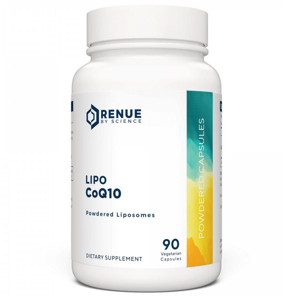 RENUE Lipo CoQ10 powdered liposomes supplement bottle, white with front label