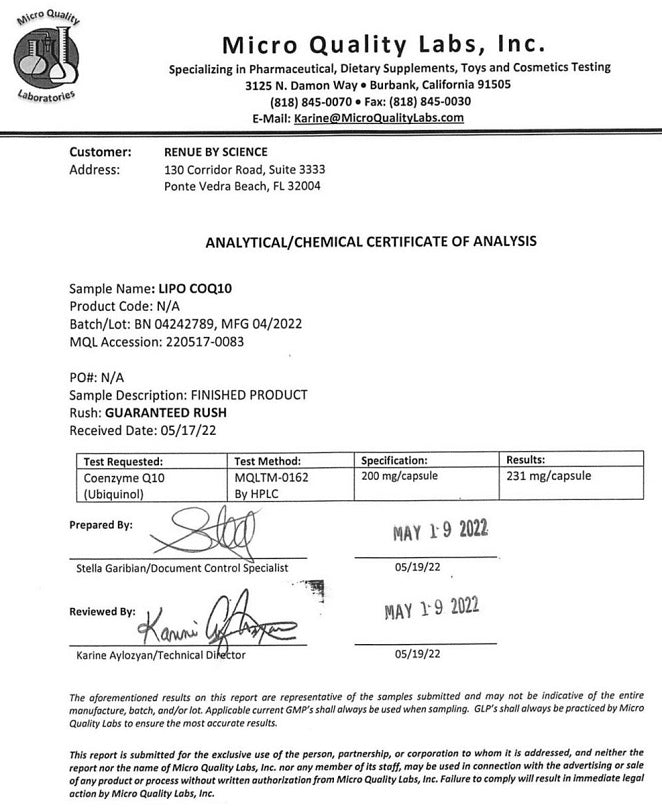 Certificate of analysis document for RENUE Lipo CoQ10 supplement, printed form