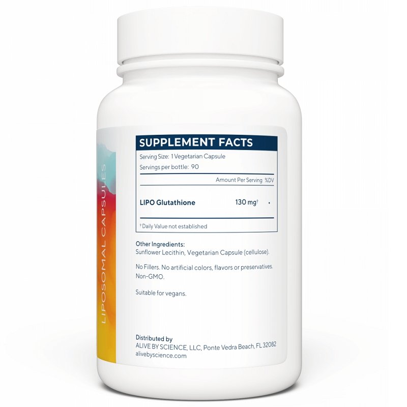 Glutathione supplement bottle back label with Supplement Facts and ingredients