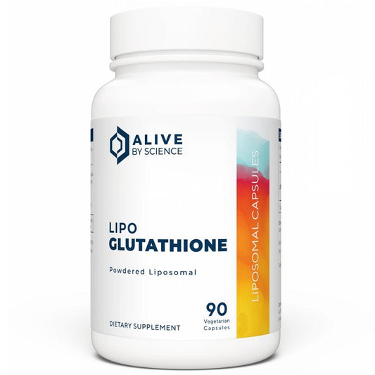 Glutathione dietary supplement bottle with Lipo Glutathione label, 90 capsules