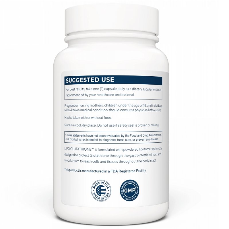 Glutathione supplement bottle back label with suggested use and safety notes