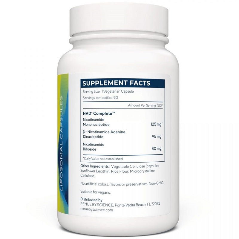 NAD+ Complete supplement bottle with Supplement Facts label panel