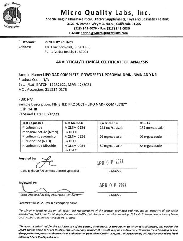 Certificate of analysis document for UPO NAD+ Complete supplement