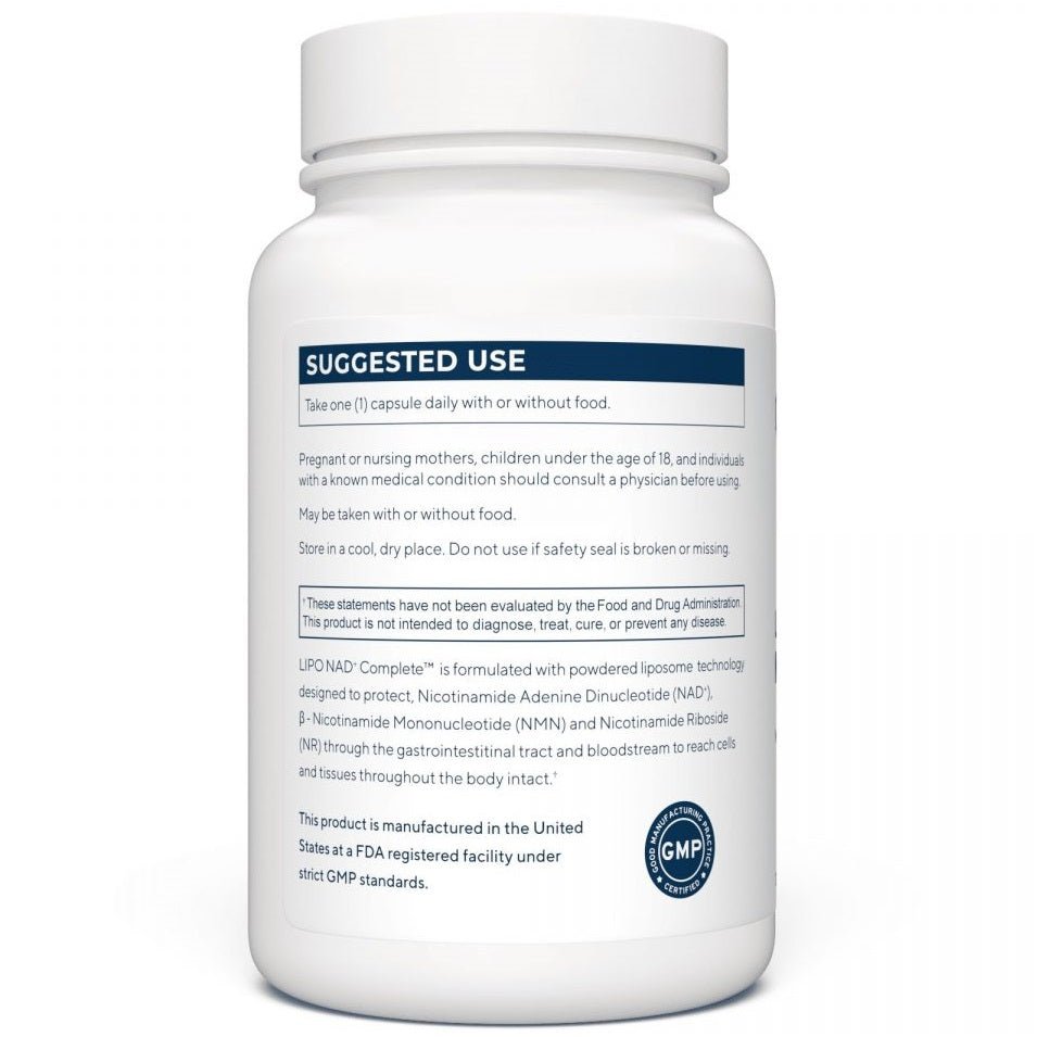 NAD+ supplement bottle back label with suggested use text