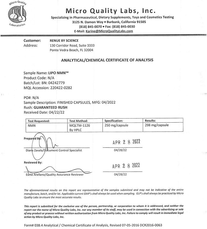 Certificate of Analysis document for RENUE by Science LIPO NMN capsules, lab page