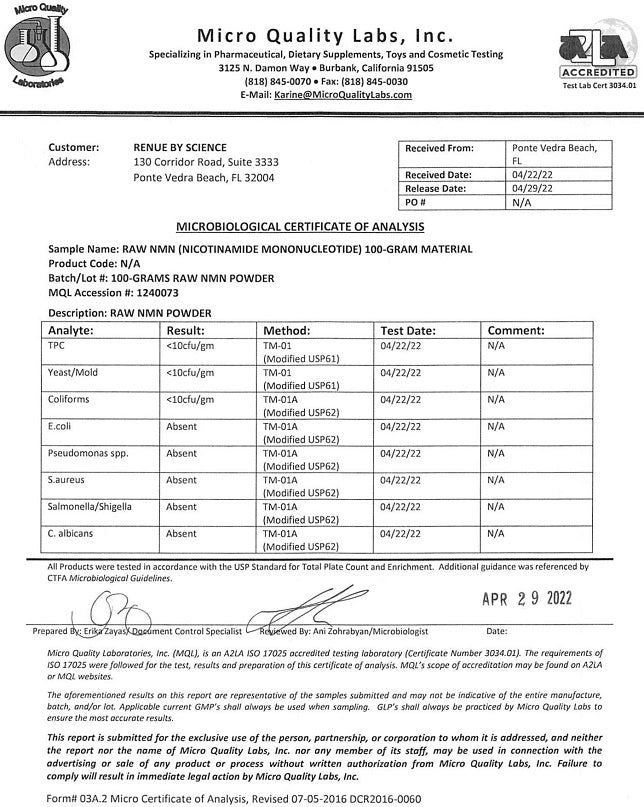 Microbiological certificate of analysis for RAW NMN powder, lab form