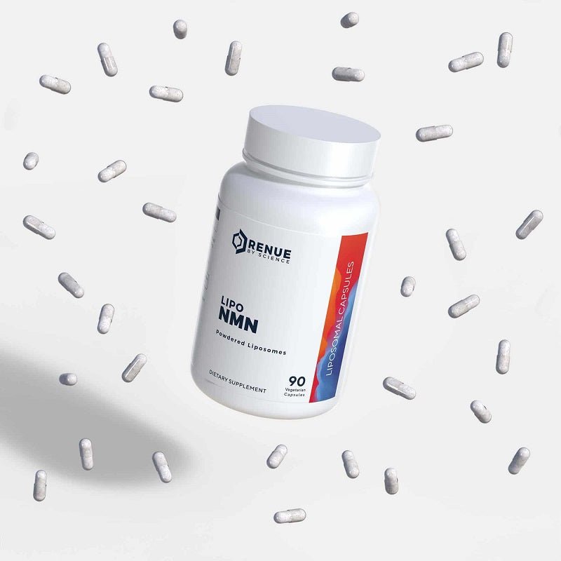 RENUE by Science LIPO NMN bottle with scattered white capsules around it