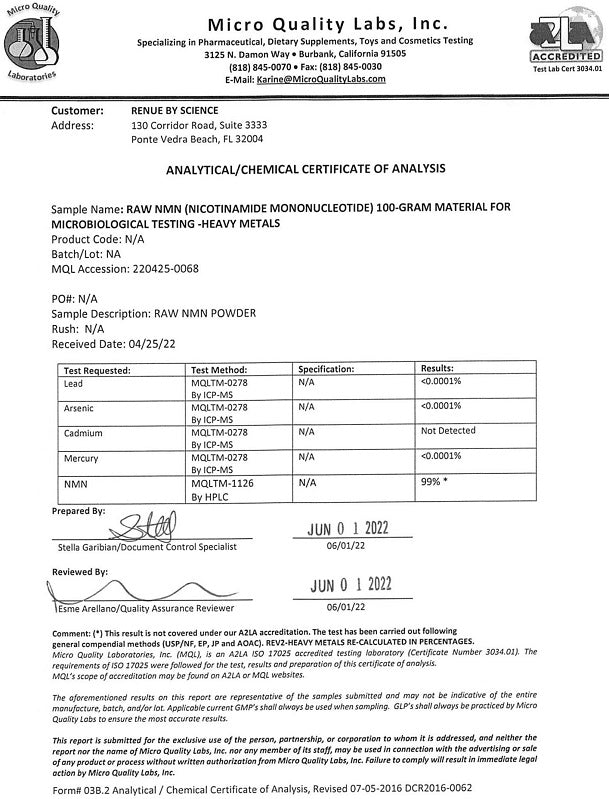 Analytical certificate of analysis for RAW NMN powder, lab table page