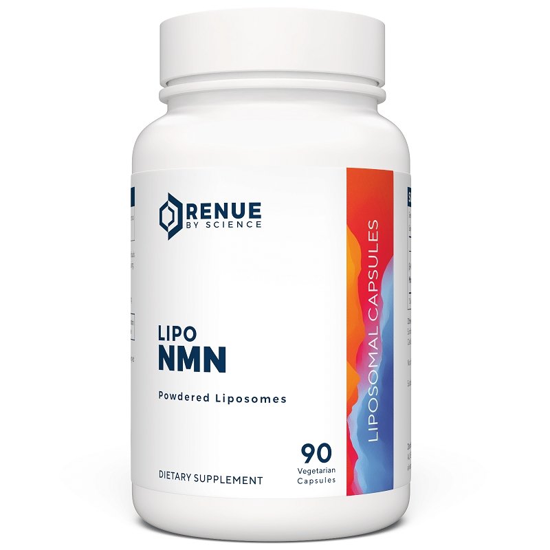 RENUE by Science LIPO NMN liposomal NMN powder bottle with front label, white jar