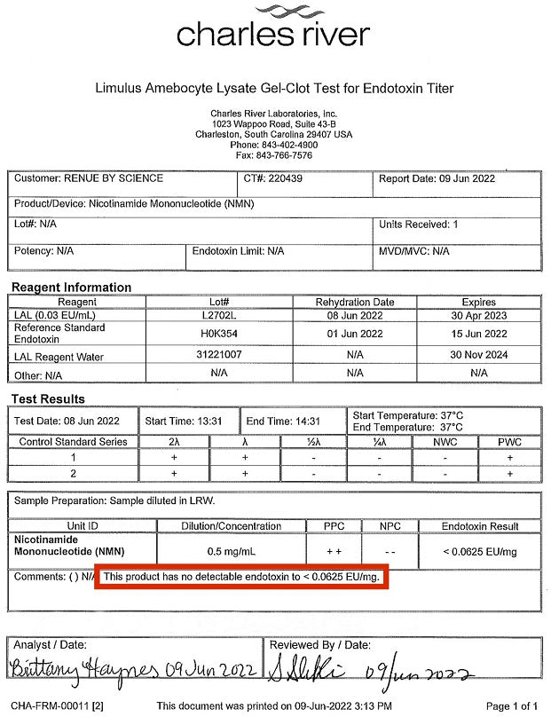 Charles River limulus amebocyte lysate endotoxin test report, lab form page
