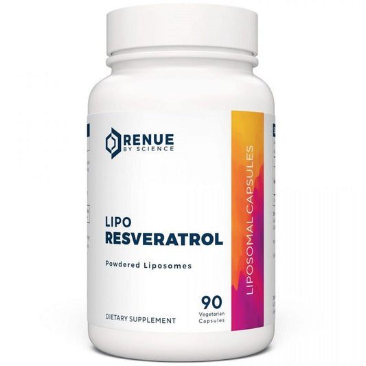 Resveratrol supplement bottle with RENUE by SCIENCE label, 90 veggie capsules
