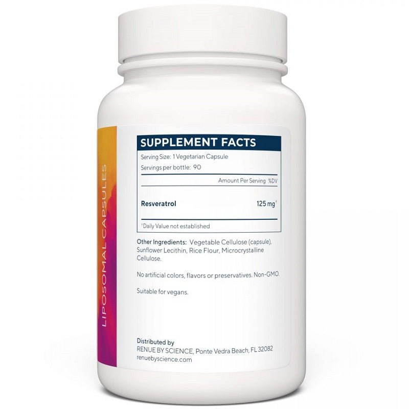 Resveratrol supplement bottle side with Supplement Facts panel and vegan notes