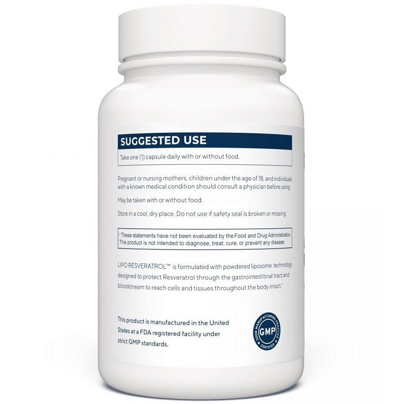 Resveratrol supplement bottle back label with suggested use directions and GMP seal