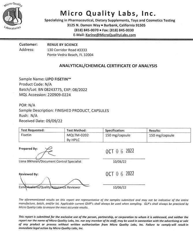 Certificate of analysis document for LIPO FISETIN supplement with test results table