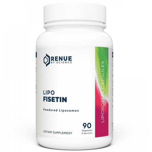 White supplement bottle with LIPO FISETIN label and 90 vegetarian capsules icon