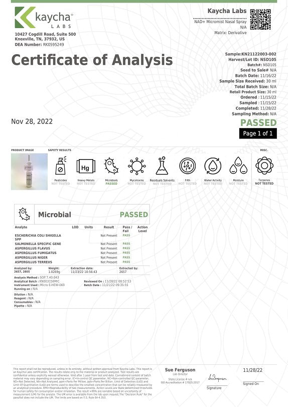 Certificate of Analysis page with PASSED microbial results for nasal spray