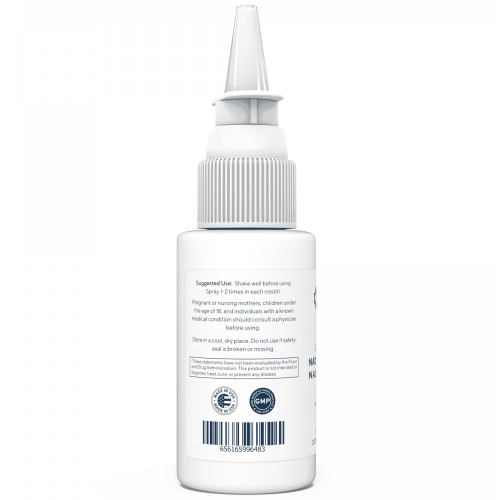 NAD+ nasal spray bottle back label with barcode and supplement info