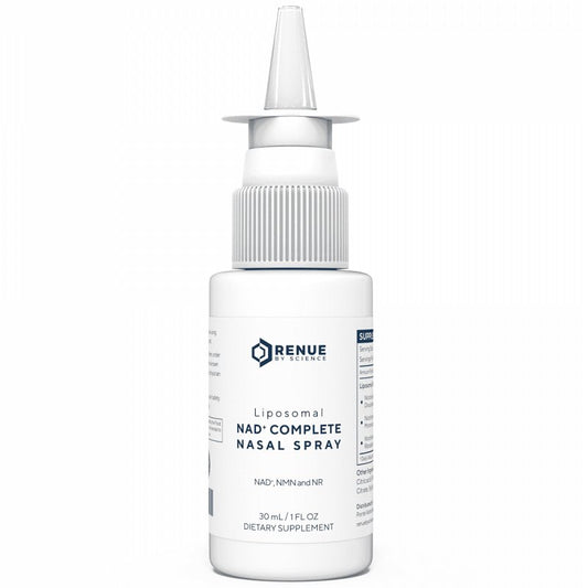 RENUE BY SCIENCE liposomal NAD+ nasal spray bottle with white pump cap