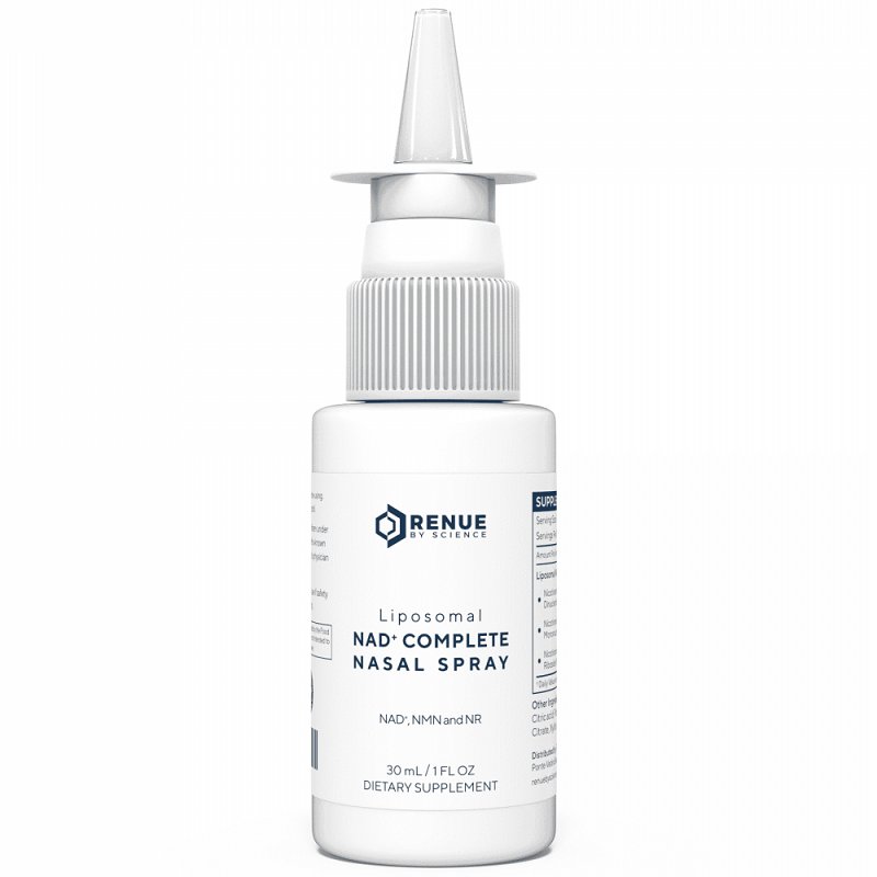 RENUE BY SCIENCE liposomal NAD+ nasal spray bottle with white pump cap