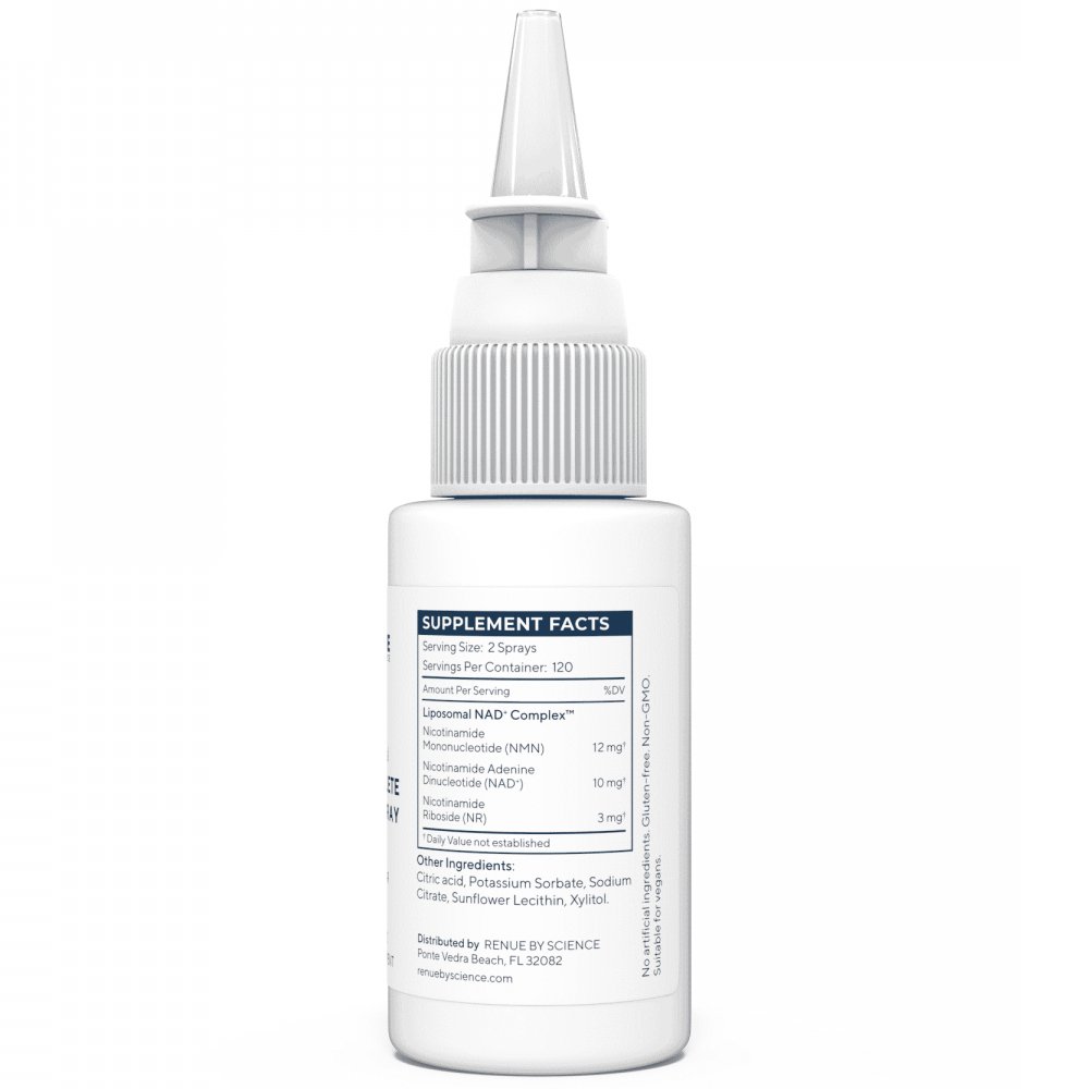 NAD+ nasal spray bottle supplement facts panel with white dropper nozzle