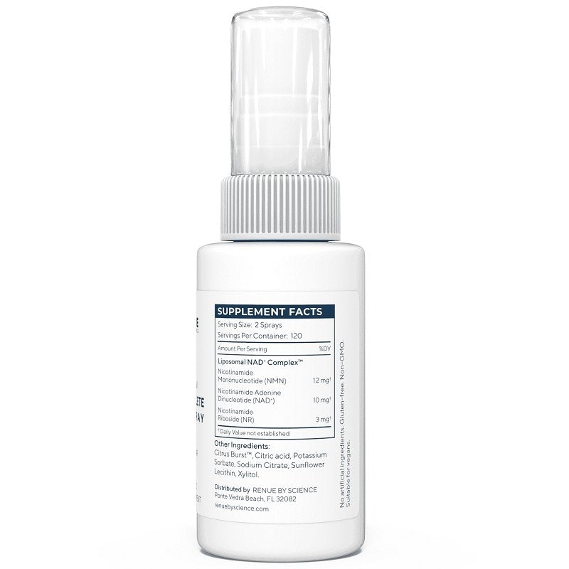 RENUE BY SCIENCE liposomal NAD+ oral spray bottle, supplement facts label