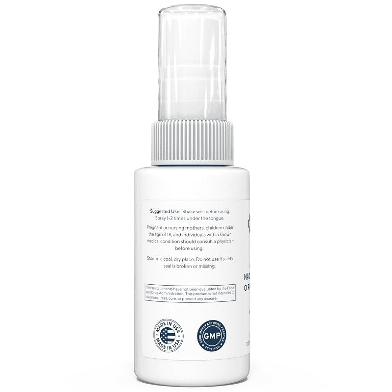 RENUE BY SCIENCE liposomal NAD+ oral spray bottle, back label with directions
