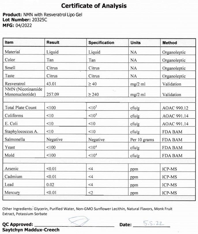 Certificate of analysis table for NMN with Resveratrol lipo gel, QC results