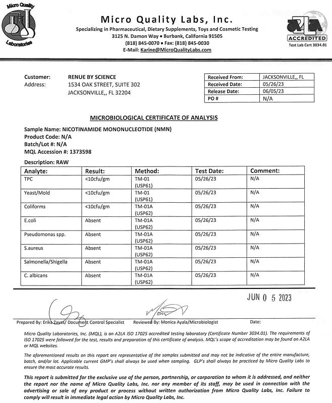 Microbiological certificate of analysis document, Micro Quality Labs table