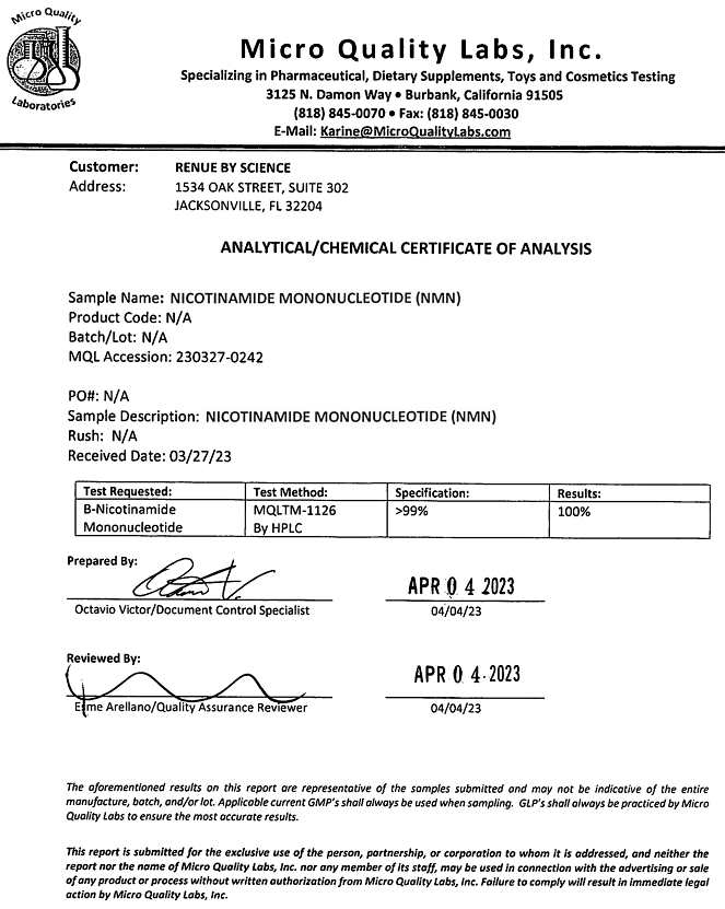 Certificate of analysis document, Micro Quality Labs NMN test results
