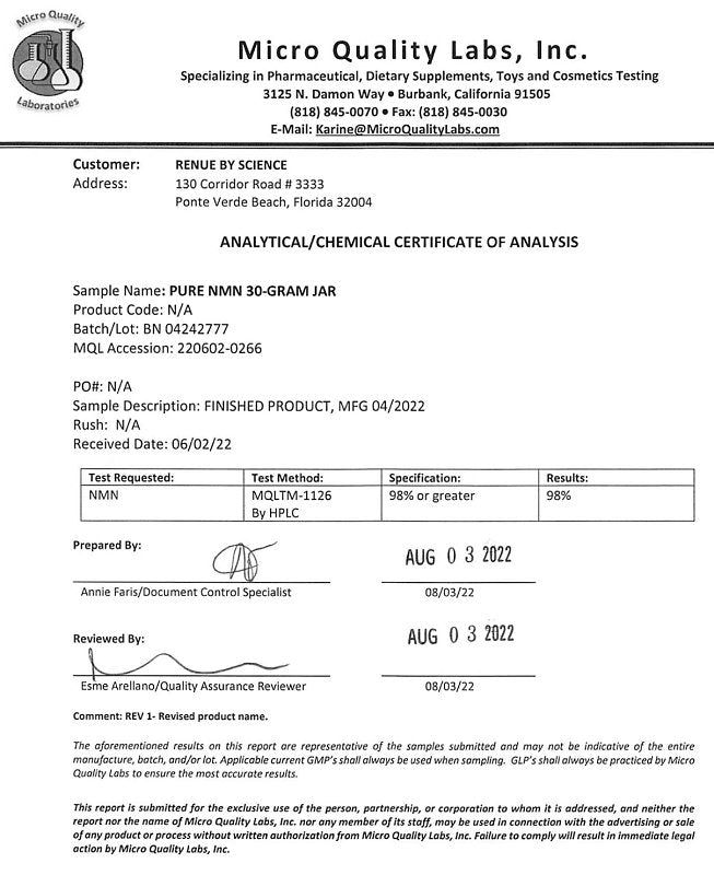 Analytical certificate of analysis for RENUE NMN 30-gram jar, chemical testing results