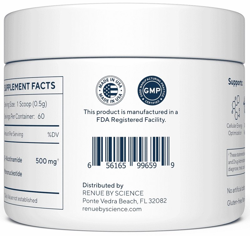 RENUE Pure NMN jar with barcode, 'Made in USA' and 'GMP Certified' seals