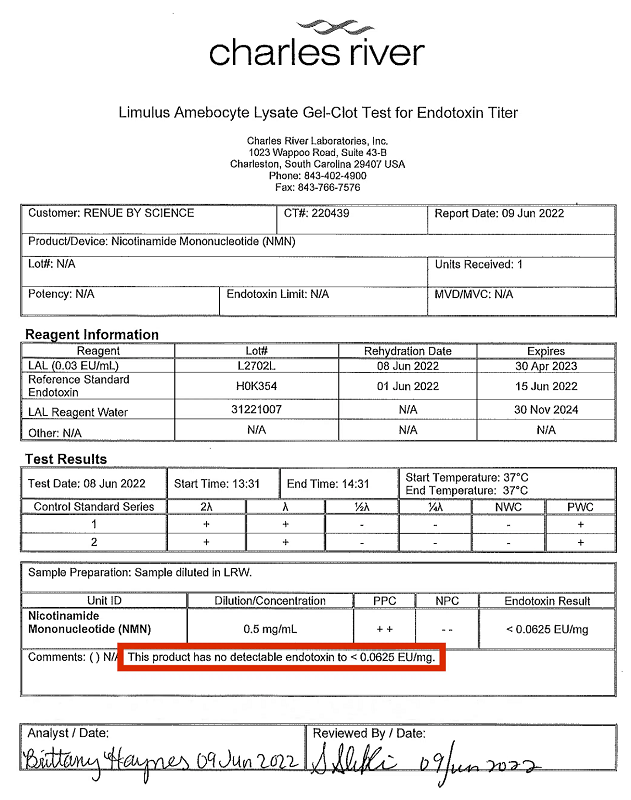 Charles River endotoxin test report (LAL) for RENUE NMN sample, report page