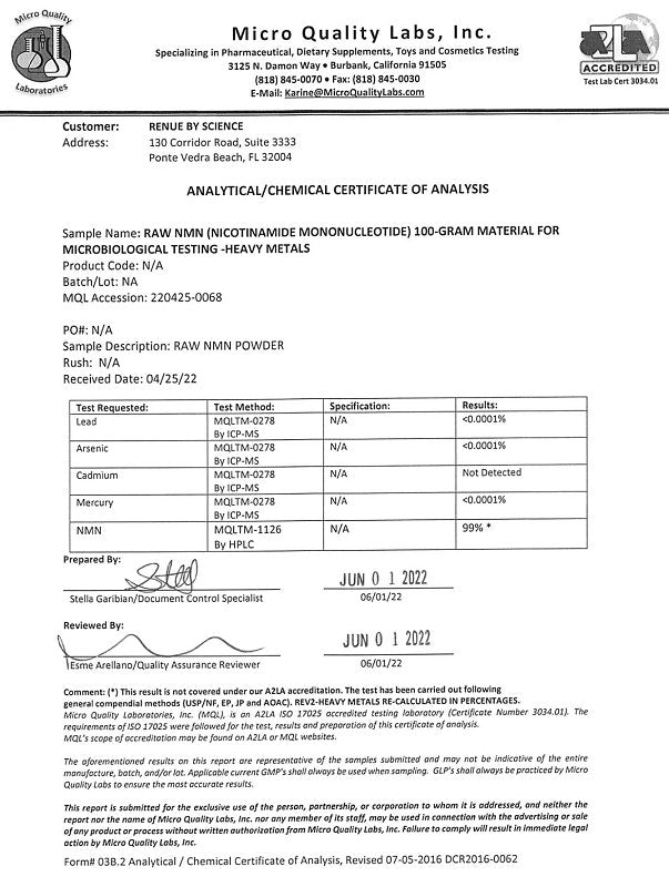 Analytical certificate of analysis for raw NMN powder for vitamin metals testing results