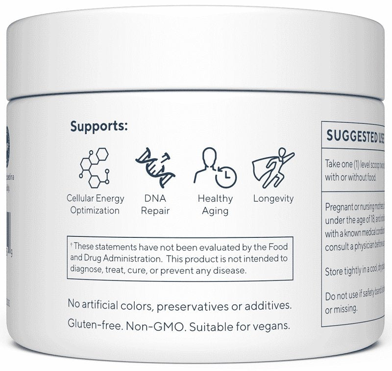 RENUE Pure NMN jar with 'Supports' icons and notes about no artificial additives