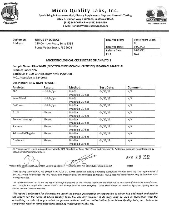 Microbiological certificate of analysis for RENUE NMN 100-gram material, lab test page