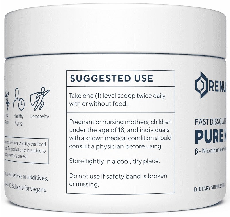 RENUE Pure NMN jar with 'Suggested Use' directions and storage notes panel