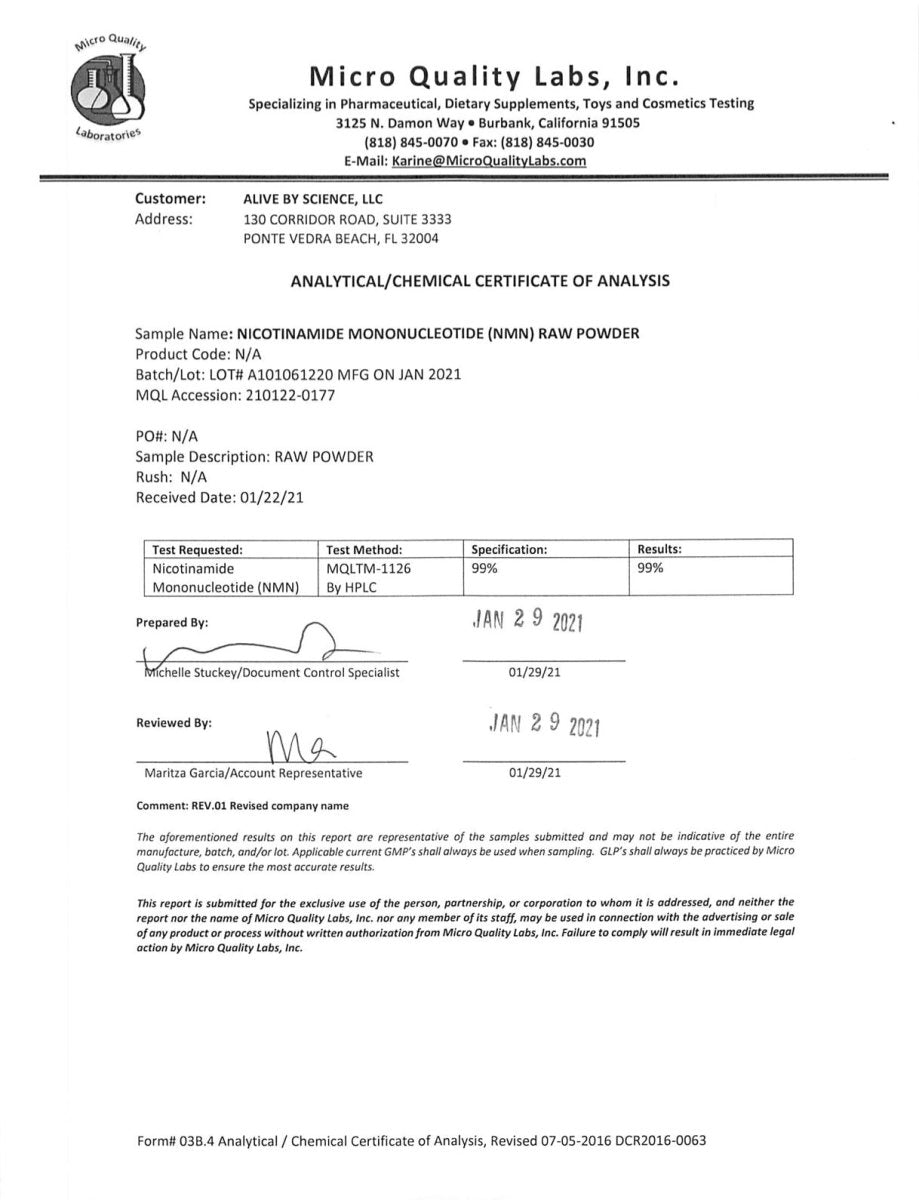 Certificate of analysis for nicotinamide mononucleotide (NMN) raw powder document
