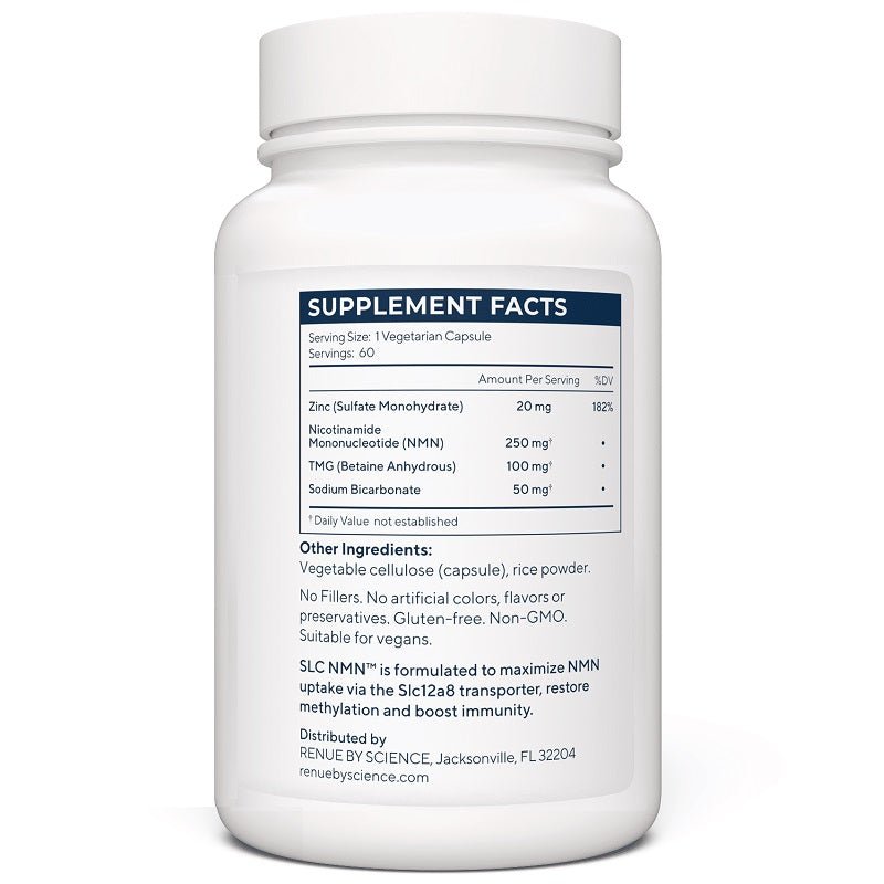RENUE SLC NMN supplement facts panel with ingredient amounts and other ingredients