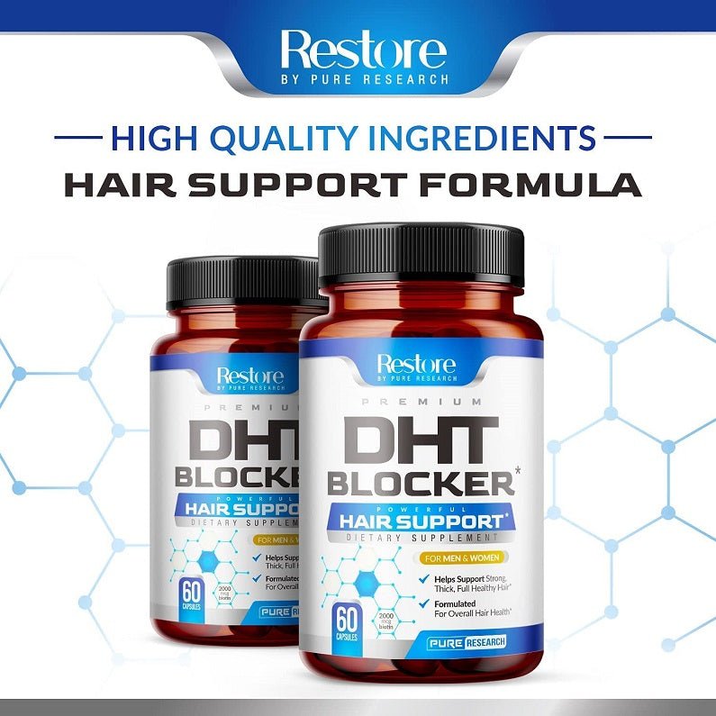 Hair support formula graphic with two Restore DHT Blocker supplement bottles