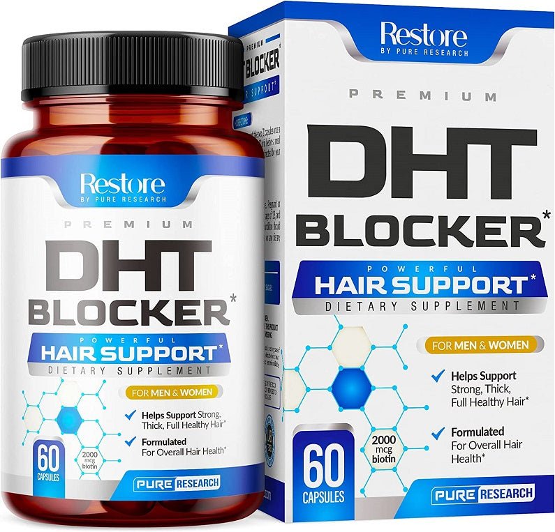 Restore DHT Blocker hair support supplement bottle and box, 60 capsules