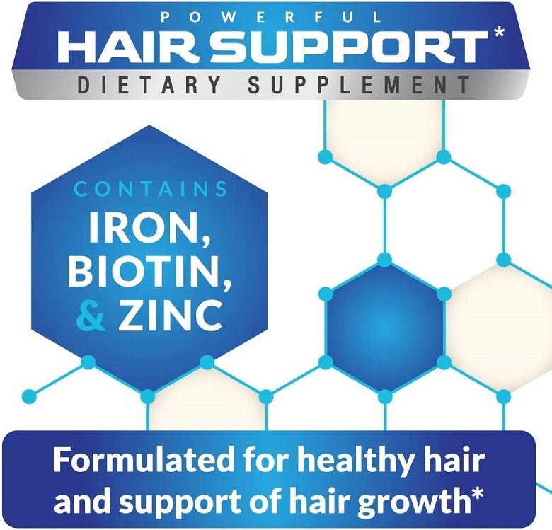 Hair support dietary supplement label with iron, biotin, and zinc