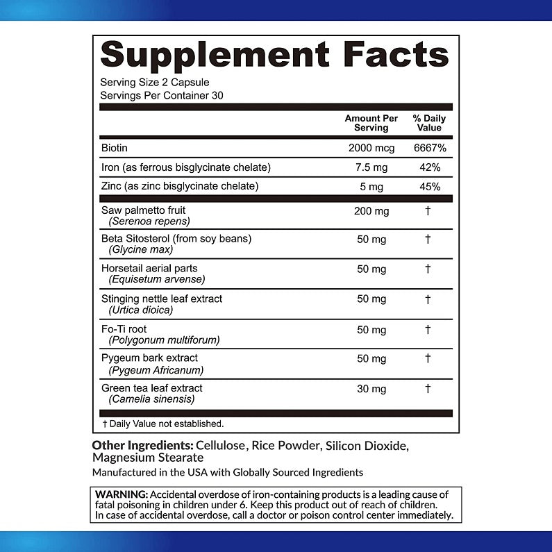 Supplement Facts label showing biotin, iron, and zinc with serving details