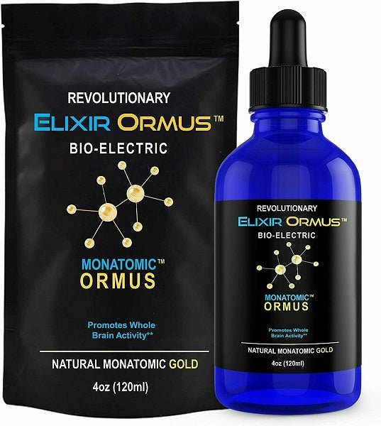 Bio-electric monatomic gold elixir bottle with black dropper and matching pouch