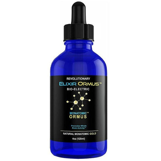 Bio-electric monatomic gold elixir bottle with black dropper and blue glass